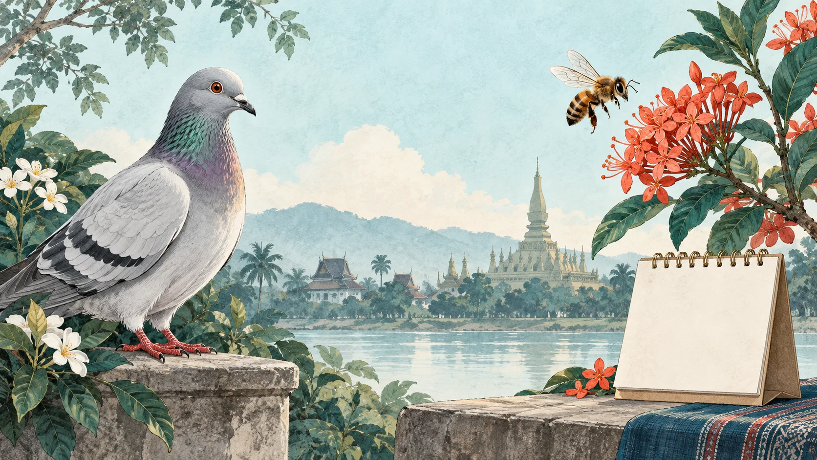 ภาพวาดนกพิราบและผึ้งคู่กับปฏิทินและทิวทัศน์ลาว ใช้ประกอบคำอธิบายนามสัตว์